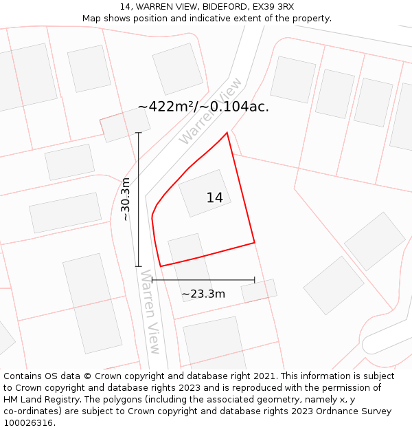 14, WARREN VIEW, BIDEFORD, EX39 3RX: Plot and title map