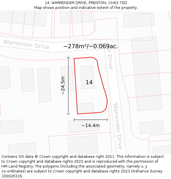 14, WARRENDER DRIVE, PRENTON, CH43 7SD: Plot and title map