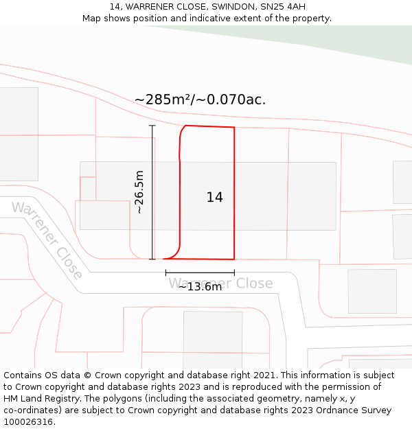 14, WARRENER CLOSE, SWINDON, SN25 4AH: Plot and title map