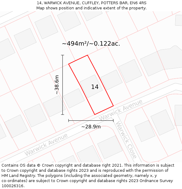 14, WARWICK AVENUE, CUFFLEY, POTTERS BAR, EN6 4RS: Plot and title map