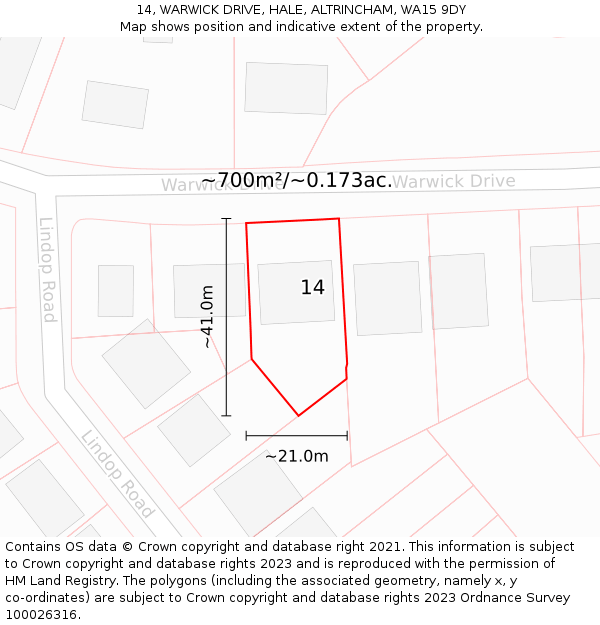 14, WARWICK DRIVE, HALE, ALTRINCHAM, WA15 9DY: Plot and title map
