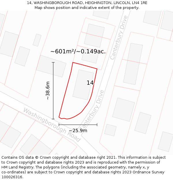 14, WASHINGBOROUGH ROAD, HEIGHINGTON, LINCOLN, LN4 1RE: Plot and title map