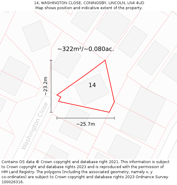 14, WASHINGTON CLOSE, CONINGSBY, LINCOLN, LN4 4UD: Plot and title map
