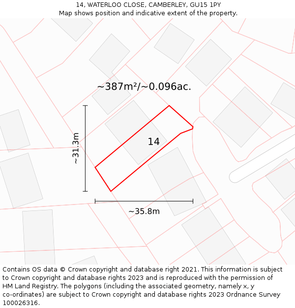14, WATERLOO CLOSE, CAMBERLEY, GU15 1PY: Plot and title map
