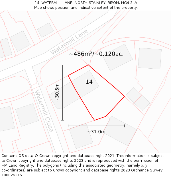 14, WATERMILL LANE, NORTH STAINLEY, RIPON, HG4 3LA: Plot and title map