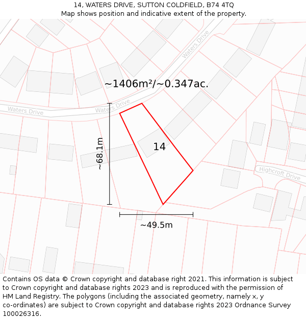 14, WATERS DRIVE, SUTTON COLDFIELD, B74 4TQ: Plot and title map