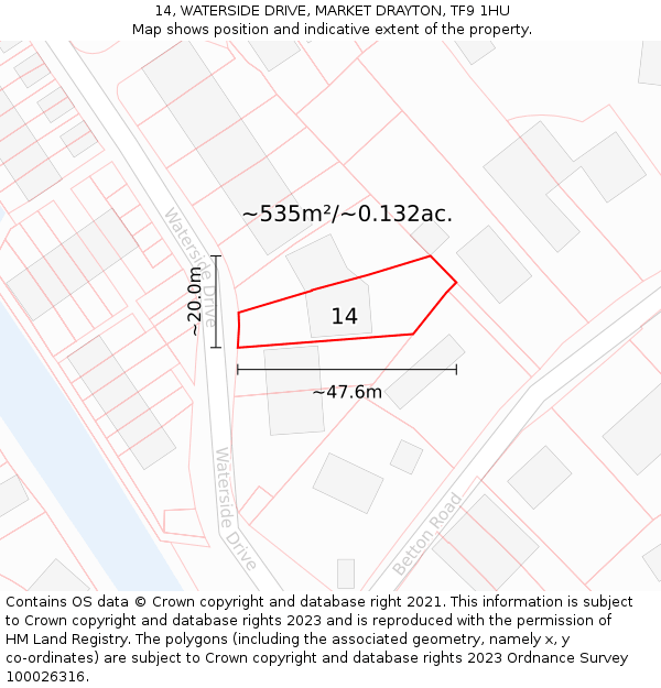 14, WATERSIDE DRIVE, MARKET DRAYTON, TF9 1HU: Plot and title map