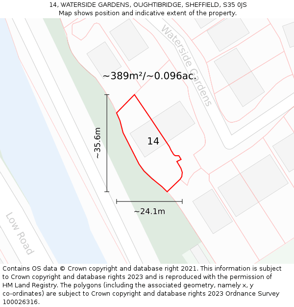 14, WATERSIDE GARDENS, OUGHTIBRIDGE, SHEFFIELD, S35 0JS: Plot and title map