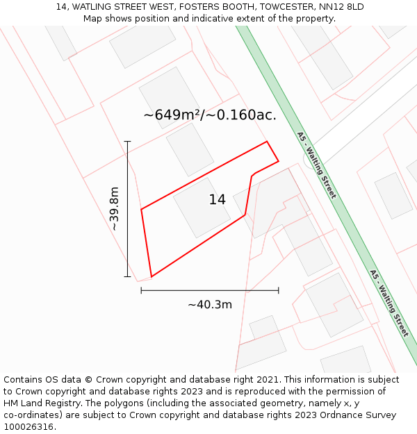 14, WATLING STREET WEST, FOSTERS BOOTH, TOWCESTER, NN12 8LD: Plot and title map