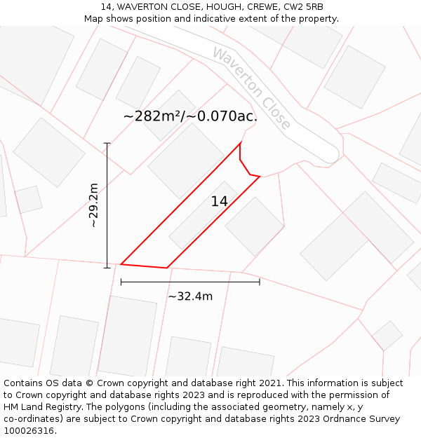 14, WAVERTON CLOSE, HOUGH, CREWE, CW2 5RB: Plot and title map