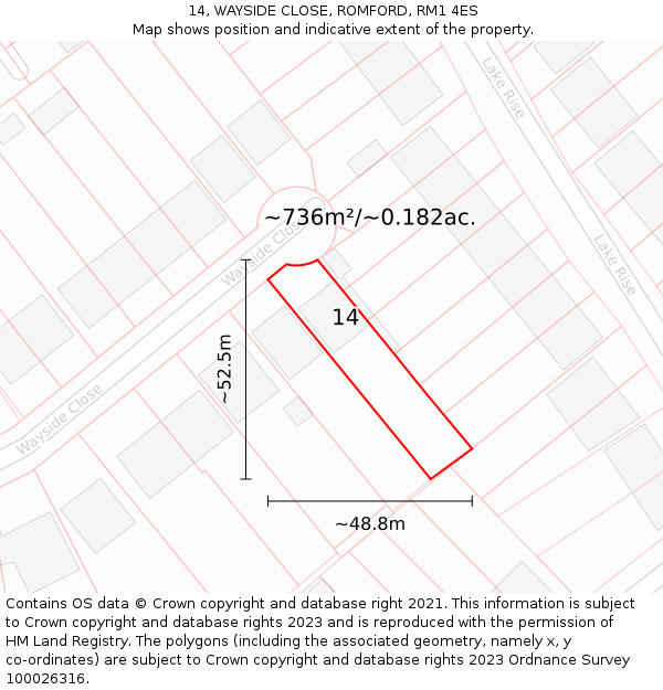 14, WAYSIDE CLOSE, ROMFORD, RM1 4ES: Plot and title map