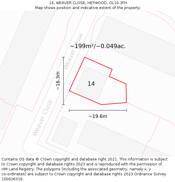 14, WEAVER CLOSE, HEYWOOD, OL10 3FH: Plot and title map