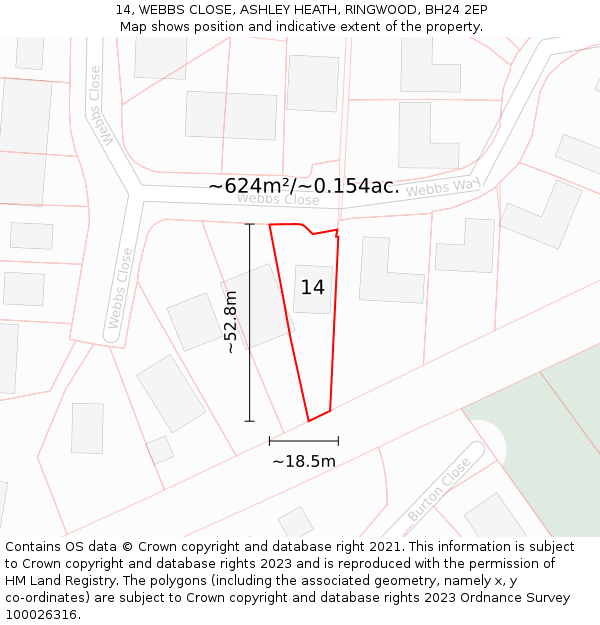 14, WEBBS CLOSE, ASHLEY HEATH, RINGWOOD, BH24 2EP: Plot and title map