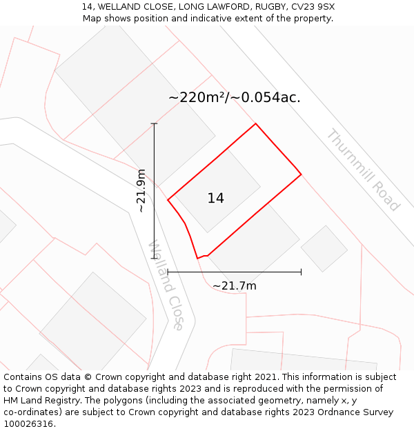 14, WELLAND CLOSE, LONG LAWFORD, RUGBY, CV23 9SX: Plot and title map