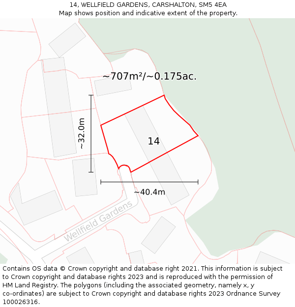 14, WELLFIELD GARDENS, CARSHALTON, SM5 4EA: Plot and title map