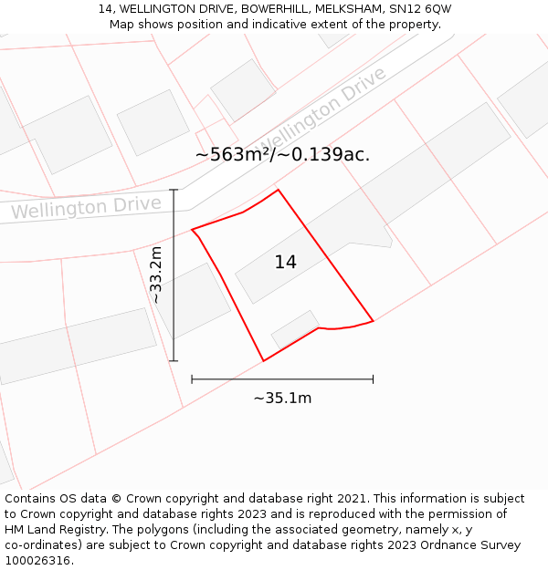 14, WELLINGTON DRIVE, BOWERHILL, MELKSHAM, SN12 6QW: Plot and title map