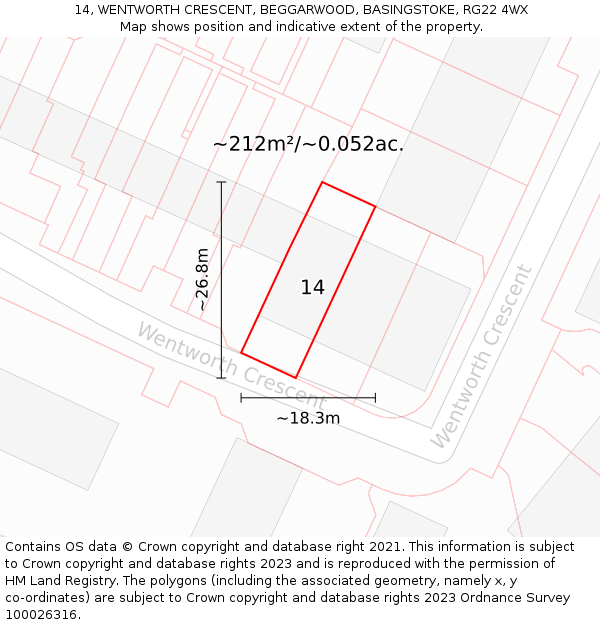 14, WENTWORTH CRESCENT, BEGGARWOOD, BASINGSTOKE, RG22 4WX: Plot and title map