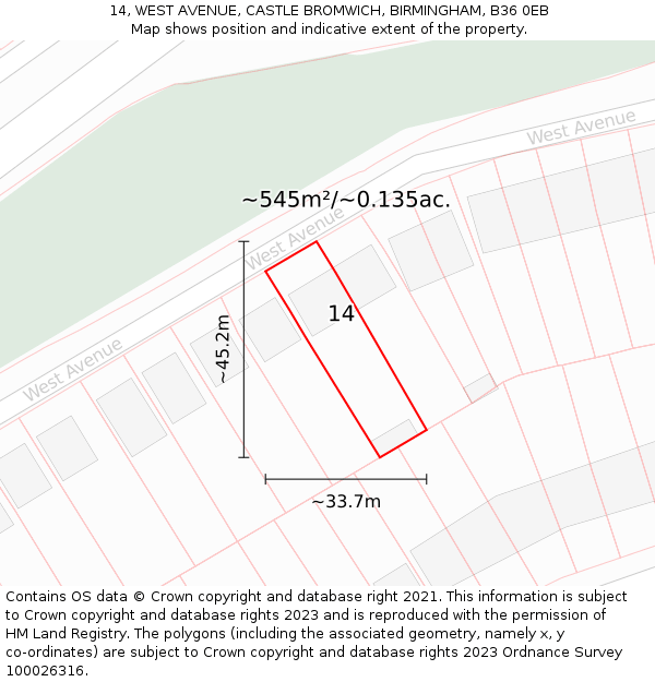 14, WEST AVENUE, CASTLE BROMWICH, BIRMINGHAM, B36 0EB: Plot and title map