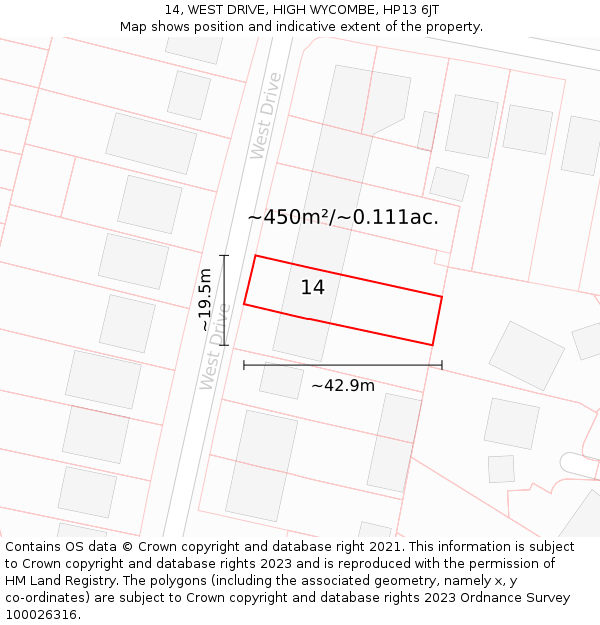 14, WEST DRIVE, HIGH WYCOMBE, HP13 6JT: Plot and title map