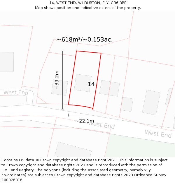 14, WEST END, WILBURTON, ELY, CB6 3RE: Plot and title map