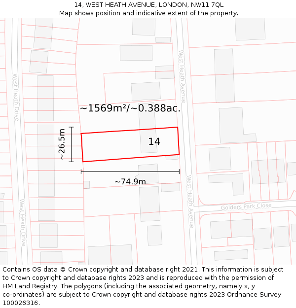14, WEST HEATH AVENUE, LONDON, NW11 7QL: Plot and title map
