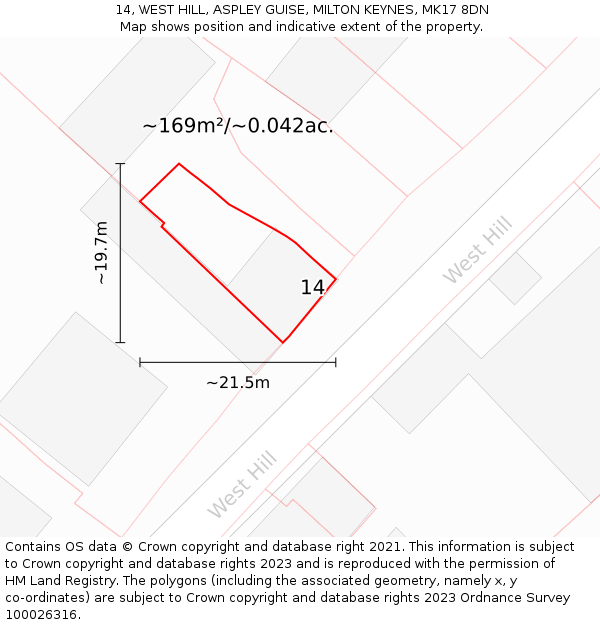 14, WEST HILL, ASPLEY GUISE, MILTON KEYNES, MK17 8DN: Plot and title map