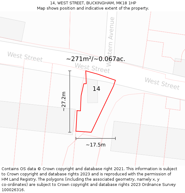 14, WEST STREET, BUCKINGHAM, MK18 1HP: Plot and title map