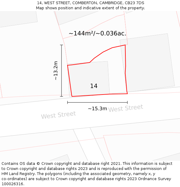 14, WEST STREET, COMBERTON, CAMBRIDGE, CB23 7DS: Plot and title map