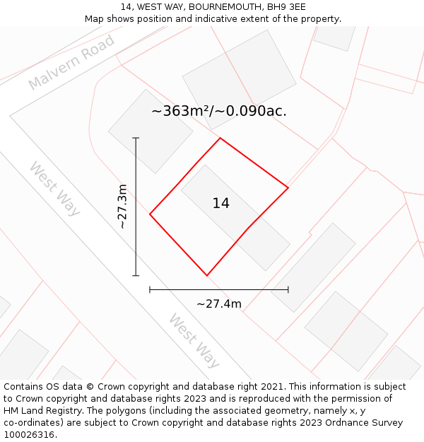 14, WEST WAY, BOURNEMOUTH, BH9 3EE: Plot and title map