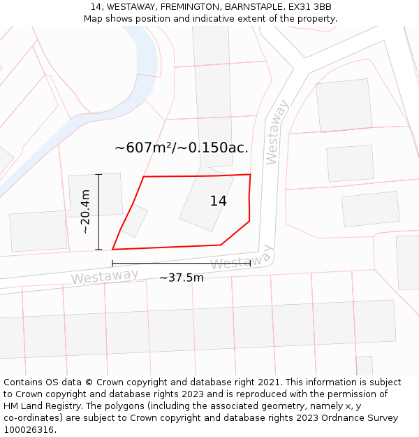 14, WESTAWAY, FREMINGTON, BARNSTAPLE, EX31 3BB: Plot and title map