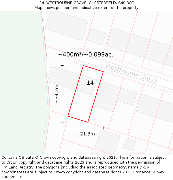 14, WESTBOURNE GROVE, CHESTERFIELD, S40 3QD: Plot and title map