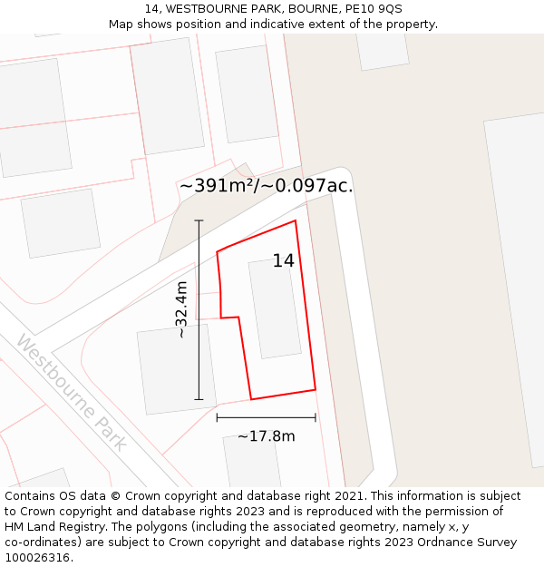 14, WESTBOURNE PARK, BOURNE, PE10 9QS: Plot and title map