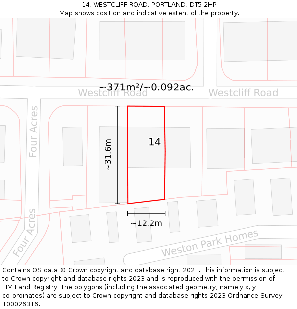 14, WESTCLIFF ROAD, PORTLAND, DT5 2HP: Plot and title map