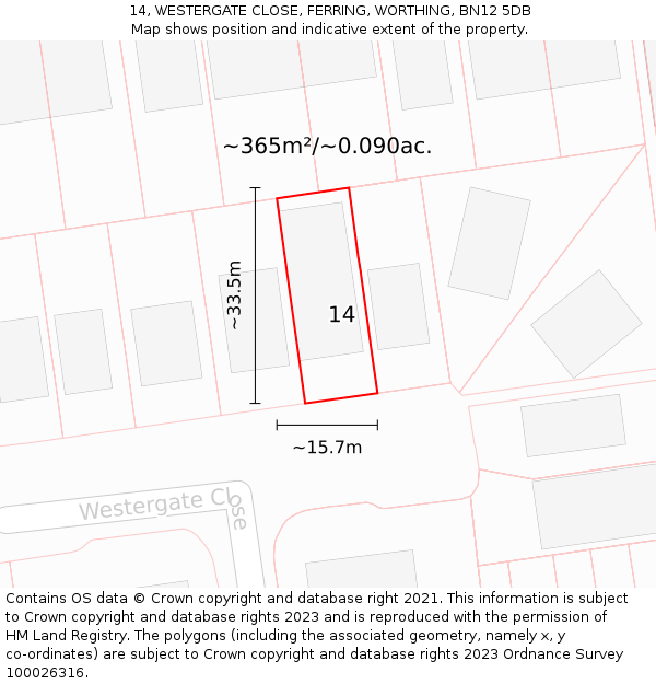 14, WESTERGATE CLOSE, FERRING, WORTHING, BN12 5DB: Plot and title map