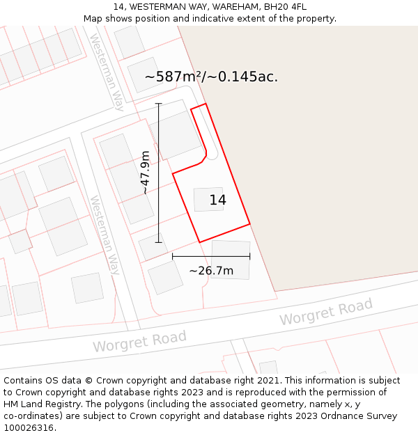 14, WESTERMAN WAY, WAREHAM, BH20 4FL: Plot and title map