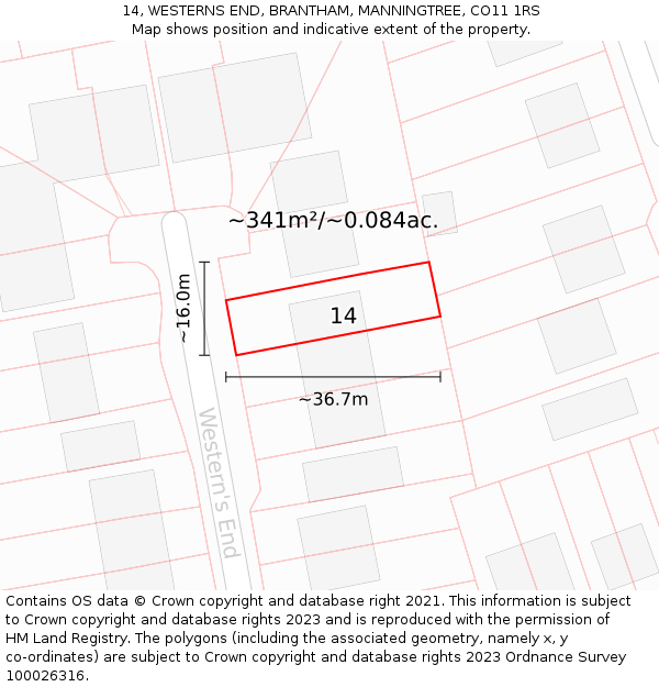 14, WESTERNS END, BRANTHAM, MANNINGTREE, CO11 1RS: Plot and title map