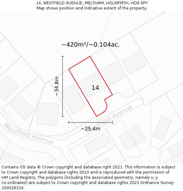 14, WESTFIELD AVENUE, MELTHAM, HOLMFIRTH, HD9 5PY: Plot and title map