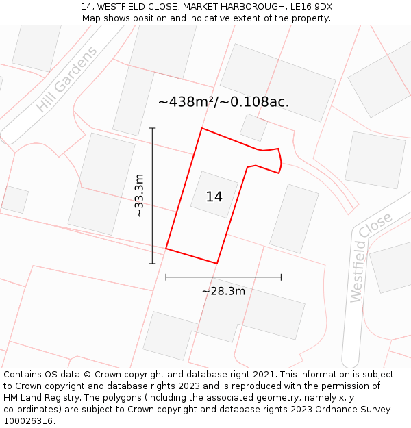 14, WESTFIELD CLOSE, MARKET HARBOROUGH, LE16 9DX: Plot and title map