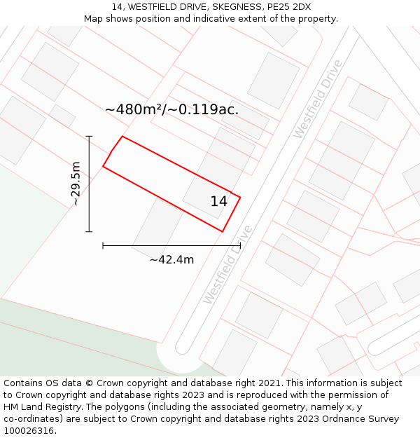 14, WESTFIELD DRIVE, SKEGNESS, PE25 2DX: Plot and title map
