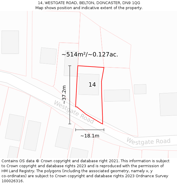 14, WESTGATE ROAD, BELTON, DONCASTER, DN9 1QG: Plot and title map