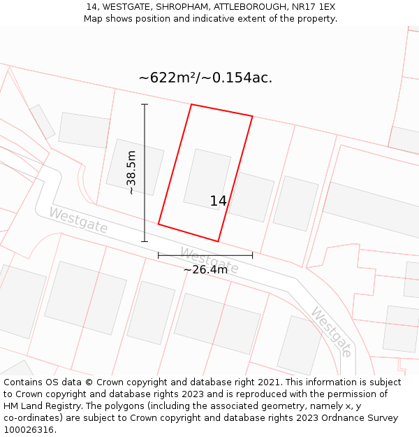 14, WESTGATE, SHROPHAM, ATTLEBOROUGH, NR17 1EX: Plot and title map