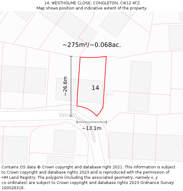 14, WESTHOLME CLOSE, CONGLETON, CW12 4FZ: Plot and title map