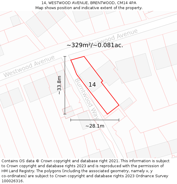 14, WESTWOOD AVENUE, BRENTWOOD, CM14 4PA: Plot and title map