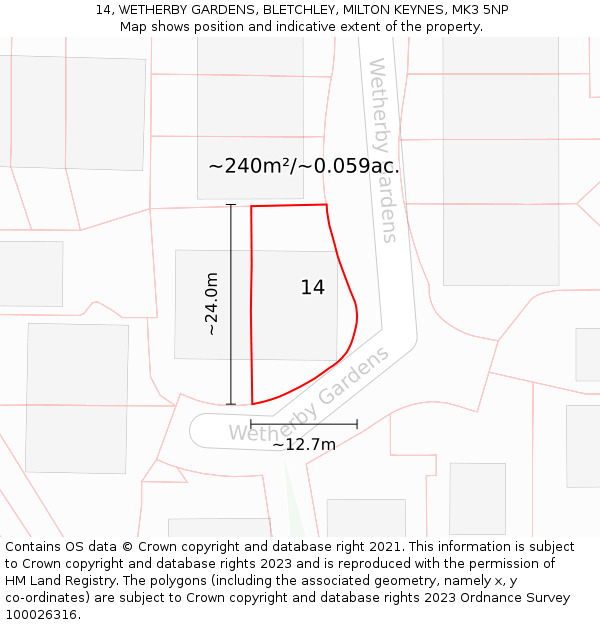 14, WETHERBY GARDENS, BLETCHLEY, MILTON KEYNES, MK3 5NP: Plot and title map