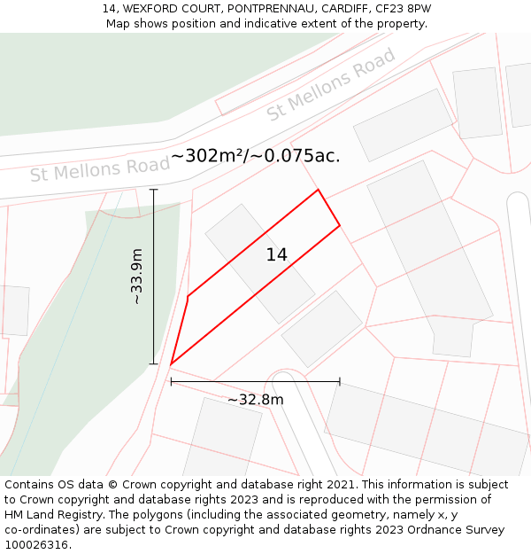 14, WEXFORD COURT, PONTPRENNAU, CARDIFF, CF23 8PW: Plot and title map