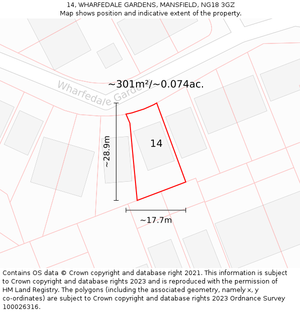 14, WHARFEDALE GARDENS, MANSFIELD, NG18 3GZ: Plot and title map