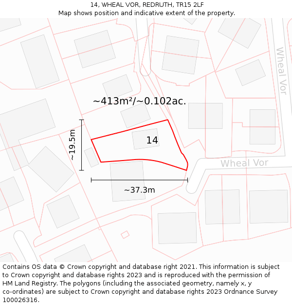 14, WHEAL VOR, REDRUTH, TR15 2LF: Plot and title map