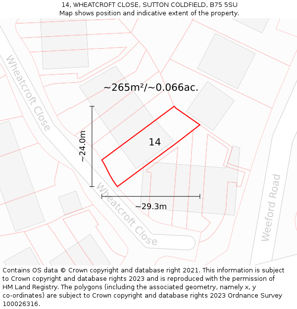 14, WHEATCROFT CLOSE, SUTTON COLDFIELD, B75 5SU: Plot and title map