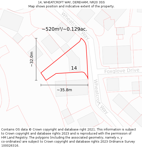 14, WHEATCROFT WAY, DEREHAM, NR20 3SS: Plot and title map