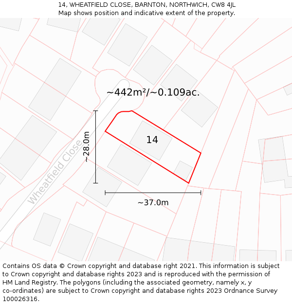 14, WHEATFIELD CLOSE, BARNTON, NORTHWICH, CW8 4JL: Plot and title map